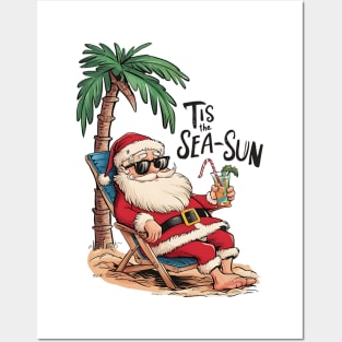 Tis the Sea-Sun Beach Santa Christmas Posters and Art